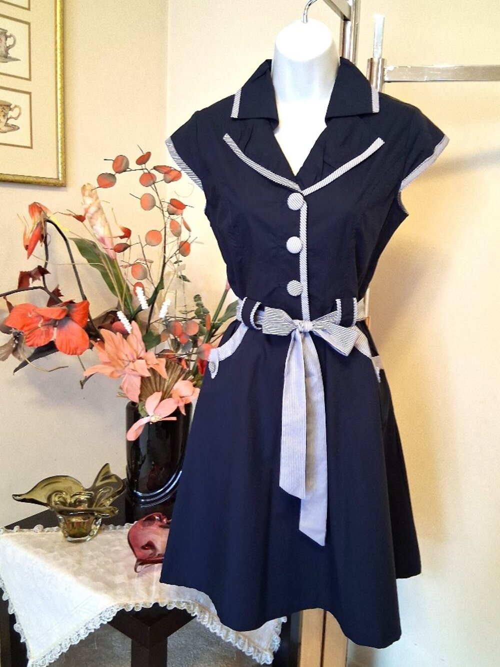 Unique Button Design Belted Dresses Elegant Classy A-Line Flowy Swing Dress 6